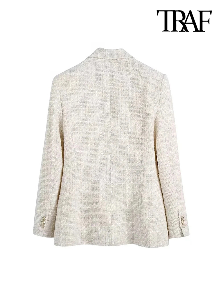 TRAF moda damska tweedowa marynarka z podwójnymi piersiami płaszcz Vintage z długim rękawem kieszenie z klapką damska odzież wierzchnia Chic Veste Femme