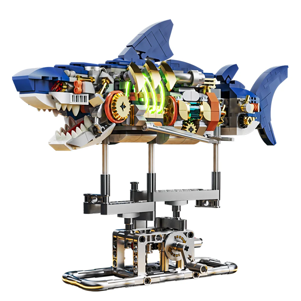 Mechaniczny zestaw do budowania rekinów, zestaw klocków Shark Sea Life ze stojakiem i oświetleniem, prezent z blokami dla dzieci i dorosłych