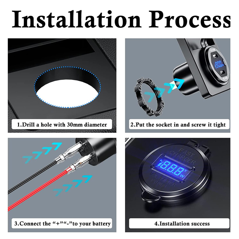 Aluminum 63W PD & QC 3.0 Dual USB Car Charger Socket 12V/24V Power Outlet Adapter Charge Adapter Waterproof Fast Charge Ports