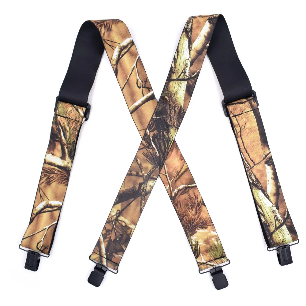 Heavy Duty Camouflage Suspenders for Men Work Outdoor Hunting 5cm/2inch X-back 4 Strong Clips Adjustable Elastic Trouser Braces