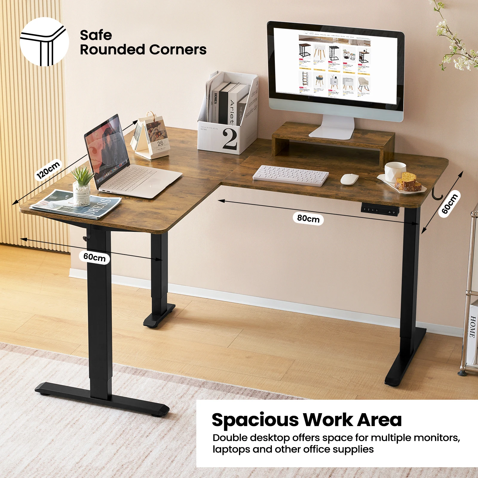 Tavolo angolare elettrico da scrivania Sit Stand a forma di L 140x120 cm Scrivania per computer regolabile in altezza con 4 controlli di memoria Supporto per monitor