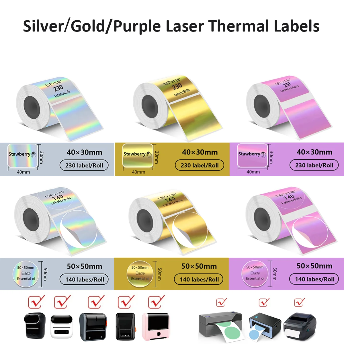 Holographic Thermal Labels Direct Print Self-Adhesive for M110/M120/M200+ Color Coding, Custom QR/Logo, Retail & Gifts