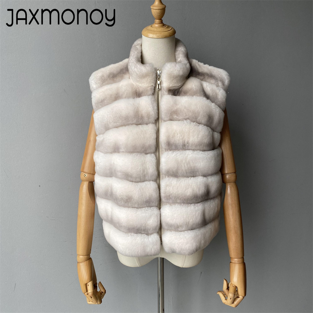 Jaxmonoy Natuurlijke Konijnenbontjas Voor Dames Winter Real Rex Konijnenbont Vest Dames Mode Patchwork Wolmix Vest Val