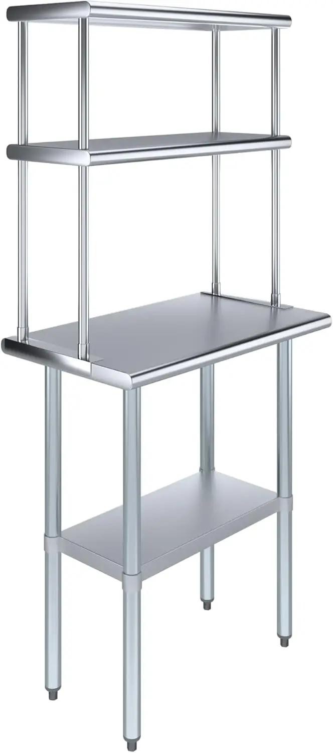 Stainless Steel Work Table with 12" Wide Double Tier Overshelf | Metal Kitchen Prep Table & Shelving Combo | NSF