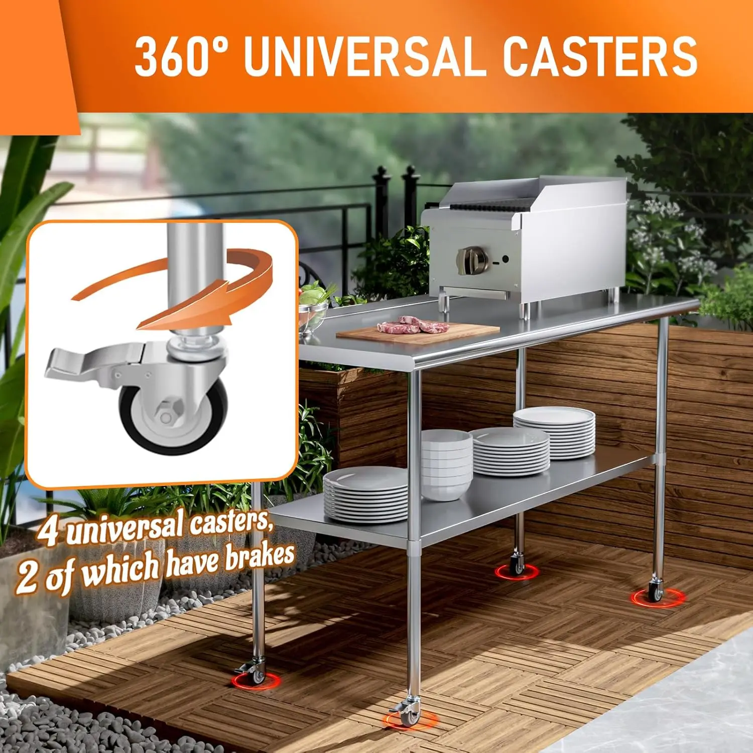 Prep & Work Table with Adjustable Shelf, with Backsplash and Wheels, Kitchen Island, Commercial Workstations, Ut