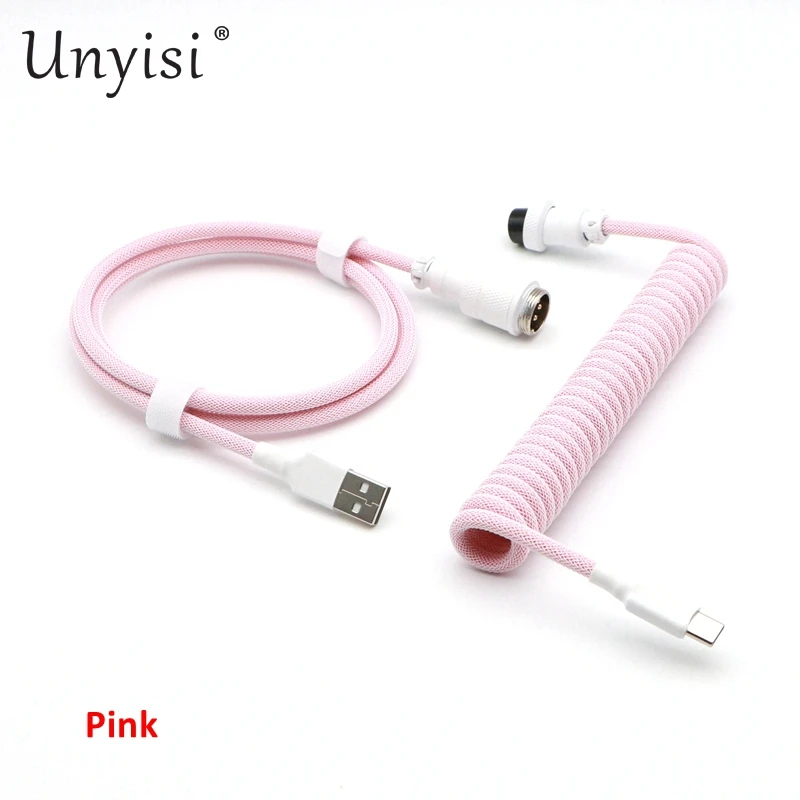 Handgefertigtes Paracord und PET-Doppelhülsen-USB-A auf USB-C Typ-C-Spiralkabel für mechanische Tastatur mit GX16 Aviator.