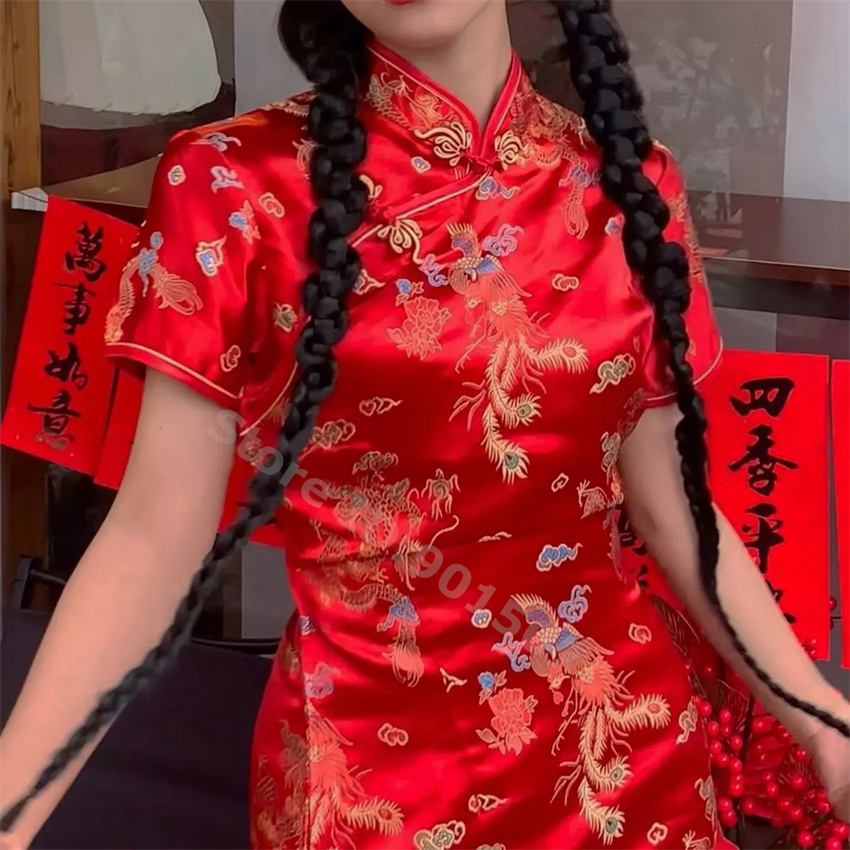 여성용 특대 레드 드래곤 미니 치파오, 빈티지 만다린 칼라, 중국 스타일 드레스, 4XL, 5XL, 6XL