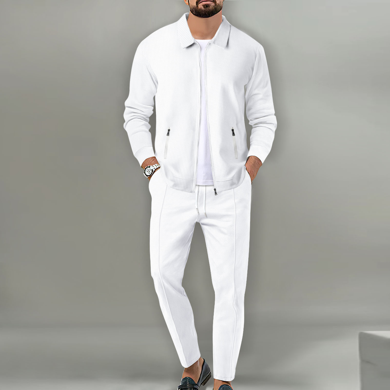 Conjunto de chaqueta tipo gofre para hombre, chaqueta con cremallera y solapa de Color sólido, pantalones informales y cómodos, superventas, primavera y otoño