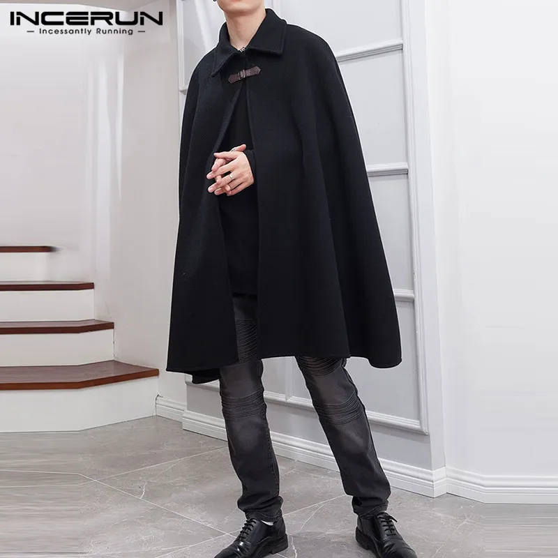 INCERUN Mode Männer Mantel Mäntel Revers Einfarbig Eine Taste Cape Graben Streetwear 2023 Casual Männlichen Mäntel Poncho S-5XL