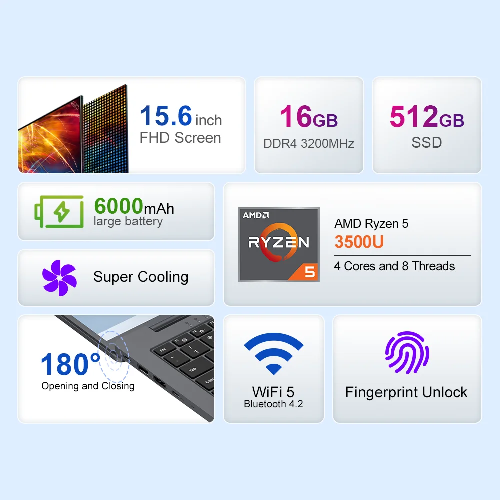 Laptop Ninkear A15 Air AMD Ryzen 5 3500U 16GB DDR4 3200 MHz + 512GB NVME SSD 15,6 cala FHD IPS Ekran Odcisk Palca Notebook