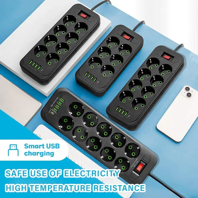 Regleta de corriente alterna con enchufe europeo, cable de extensión multitoque, enchufe eléctrico con 4 puertos USB, carga rápida, filtro de red multifunción