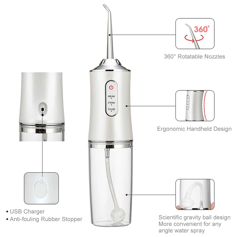 Irrigador oral elétrico inteligente portátil, fio dental de água, 4 jatos, 3 modos, recarregável, jato de água dental, limpador de dentes