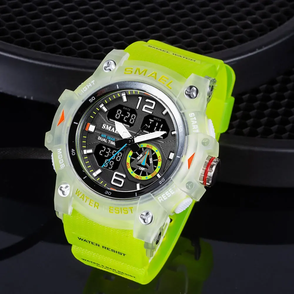 SMAEL 8007 Reloj electrónico brillante resistente al agua con pantalla dual para exteriores para hombre Reloj transparente para exteriores