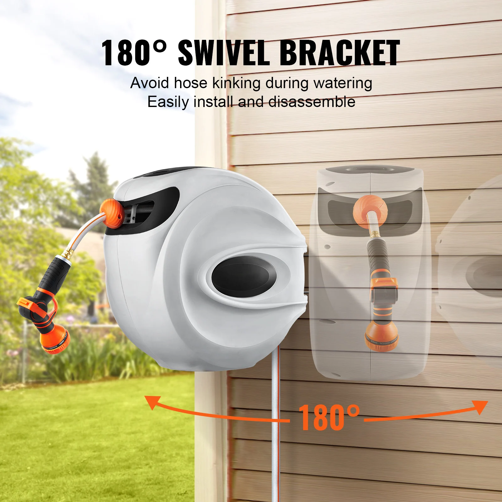 SucceBuy Retractable Hose Reel1/2 inch 180° Swivel Bracket Wall-Mounted Garden Water Hose Reel with 9-Pattern Nozzle and 3 Fast