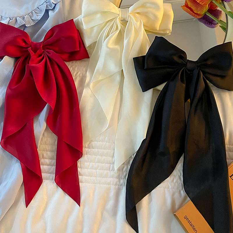 Elegante sólido grande arco fita grampo de cabelo para mulheres menina doce headbands cetim macio hairpin moda acessórios para o cabelo