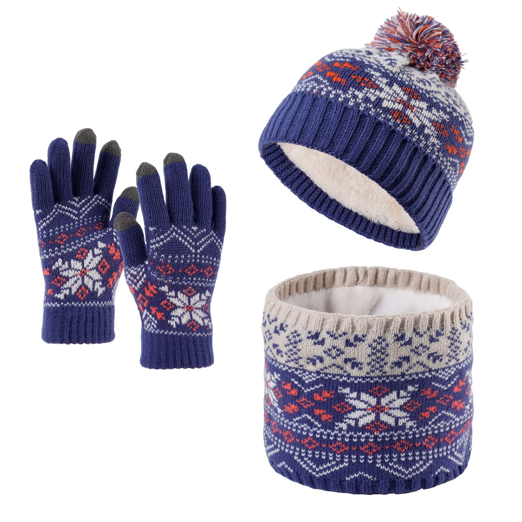 Gorro, bufanda y guantes de punto cálidos para niños de 3 a 12 años, conjunto de tres piezas con copos de nieve para niños y niñas con forro polar