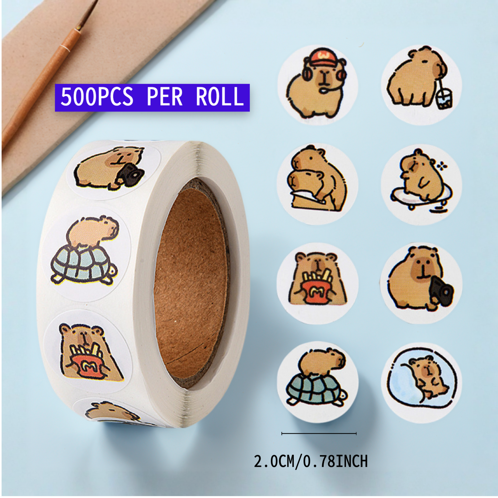 Rolo de adesivos de capivara de 500 unidades - decalques de animais e alimentos em PVC à prova d'água para laptop, garrafa de água, telefone