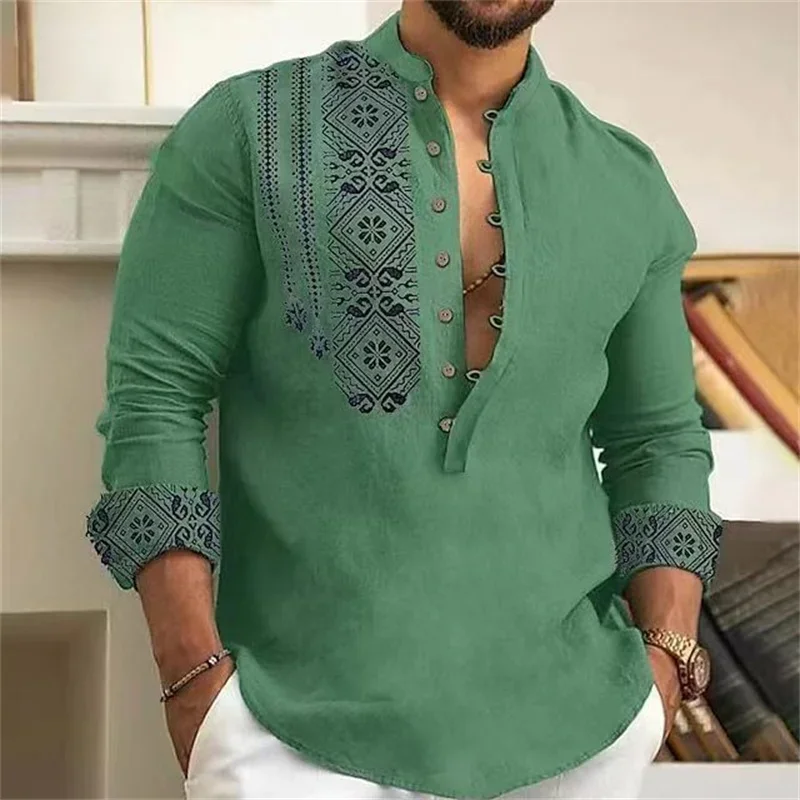 Camicia a maniche lunghe da uomo alla moda a 7 bottoni Camicia abbottonata Maglietta ampia da spiaggia con scollo a V Henley Materiale di alta qualità