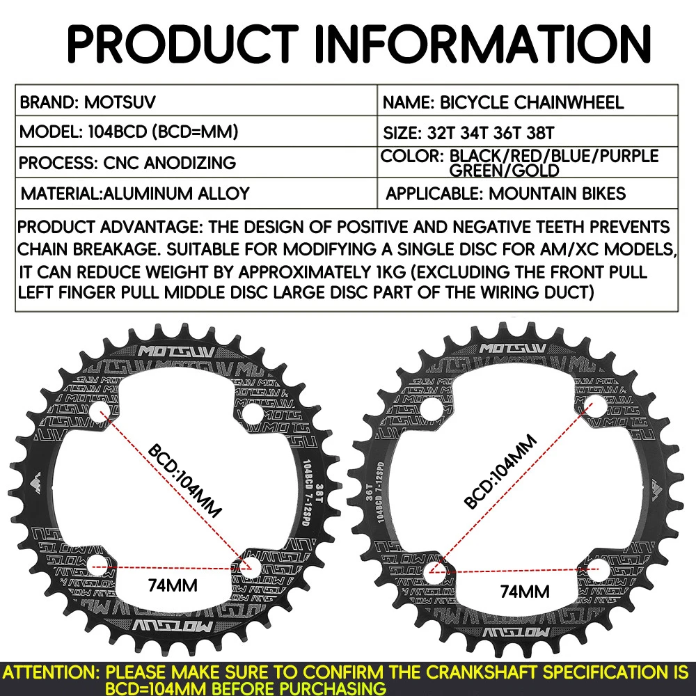 Xe Đạp Quay 104BCD Hình Vòng Tròn Hẹp Rộng 32T/34T/36T/38T MTB Chainring xe Đạp Chainwheel Xe Đạp Vòng Tròn Crankset Đơn Đĩa