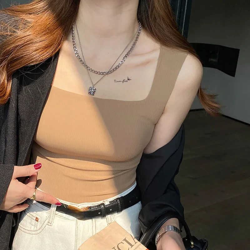 Nuova canotta a spalla larga con collo quadrato, bellissimo gilet filettato sul retro, top casual solidi a coppa fissa monopezzo senza cuciture da donna