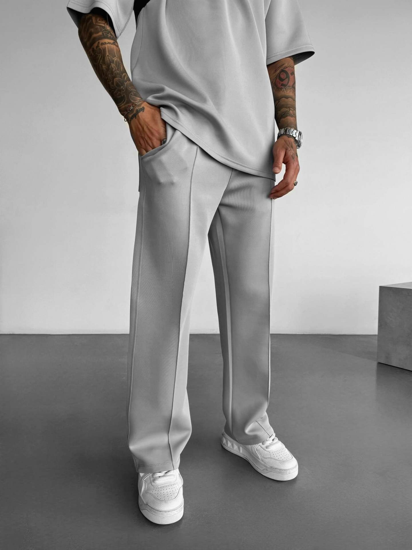 Novas calças casuais masculinas, elegantes e confortáveis, cintura elástica, cordão, linha única, plissada, cor sólida, bolso, calças