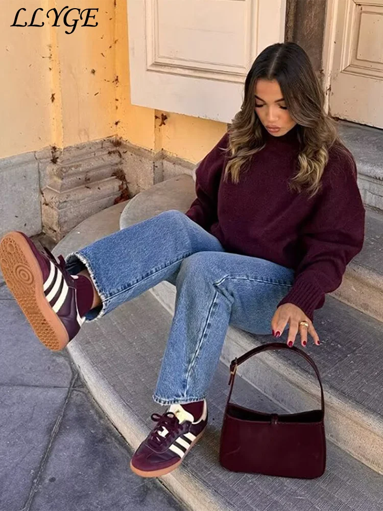 Suéter Vintage de cuello alto color Burdeos para mujer, Jersey grueso informal de manga larga para mujer, prendas de punto cómodas que combinan con todo para invierno 2024