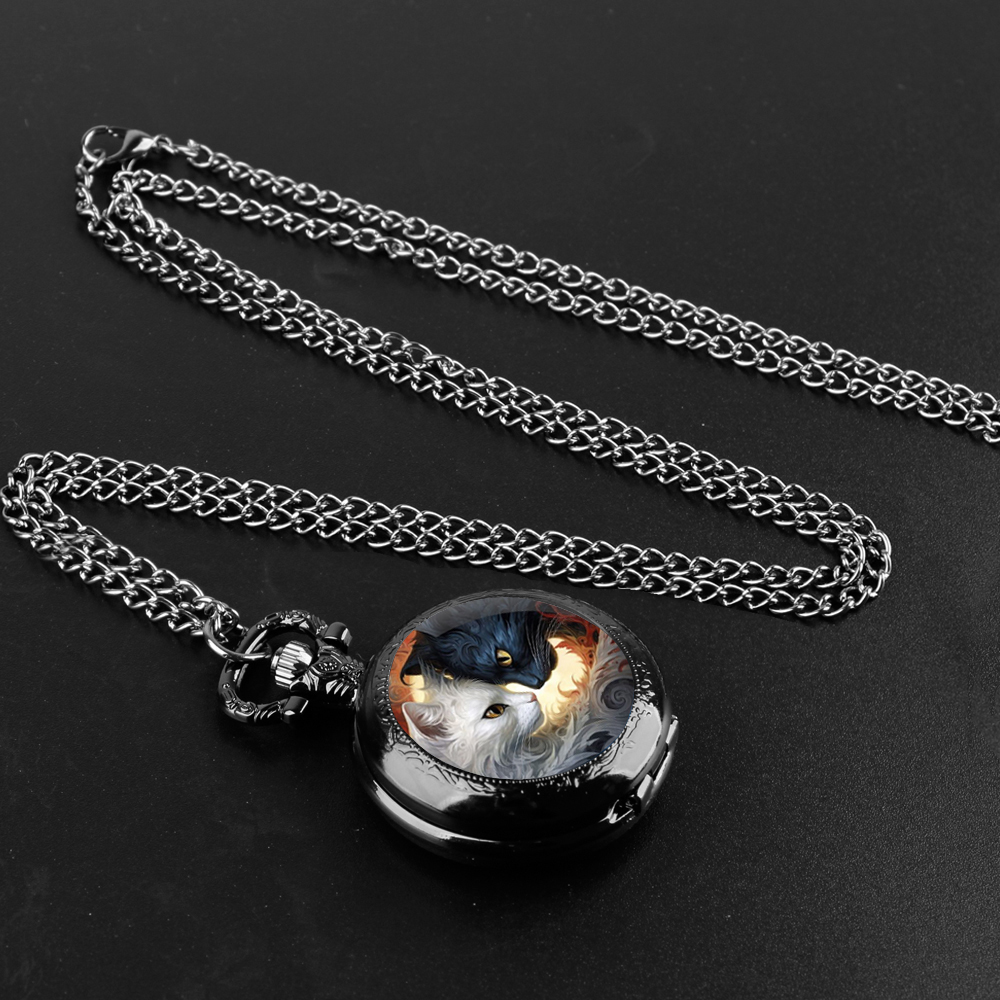 Black White Cats Pattern Glass Dome Arabic Numerals Display Quartz Pocket Watch Vintage Pendant Clock for Men Women with Chain