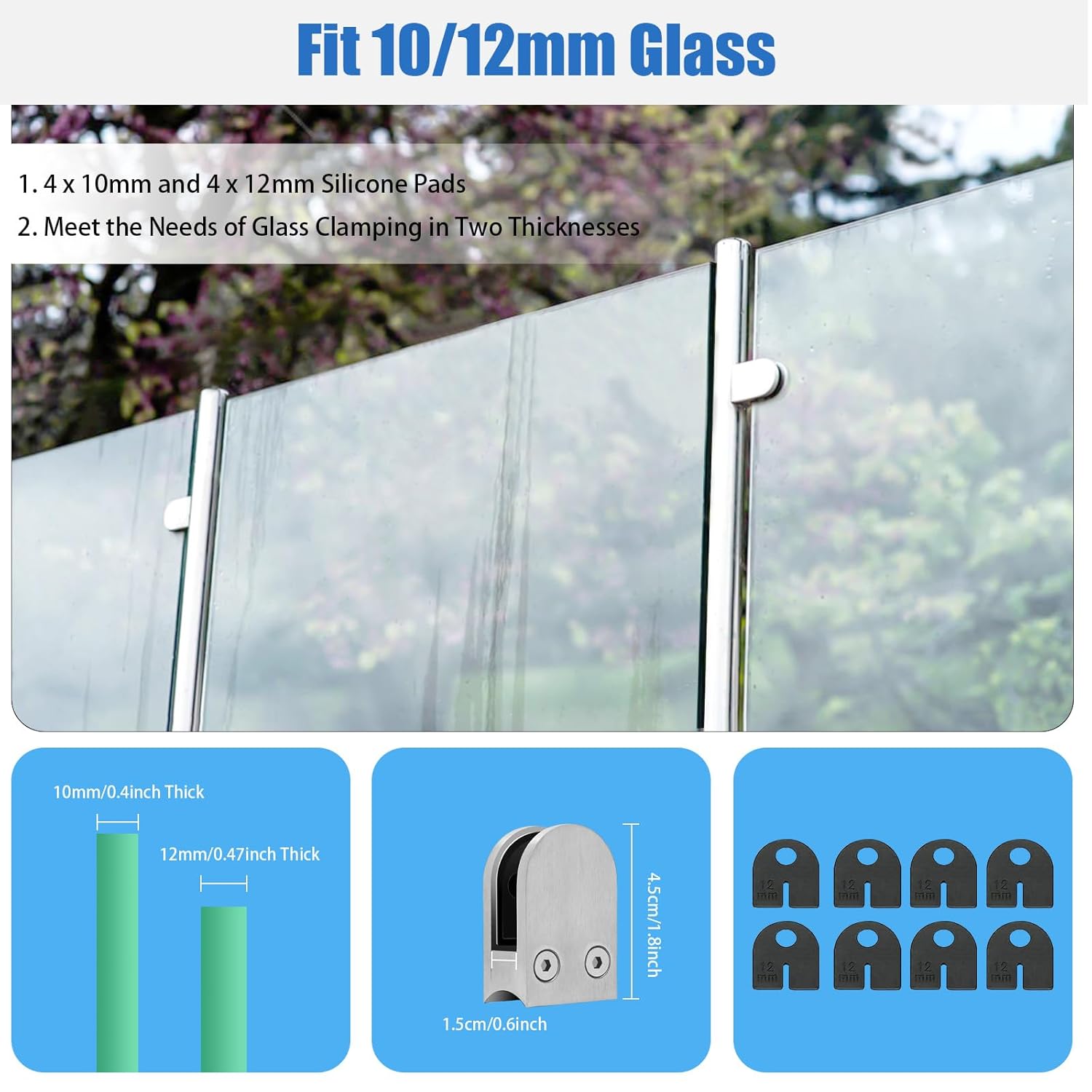 Postes de balaustrada de aço inoxidável de 110cm, escadas redondas, poste de trilhos de vidro com braçadeiras de vidro, cerca de jardim, adequado para vidro de 8-12mm