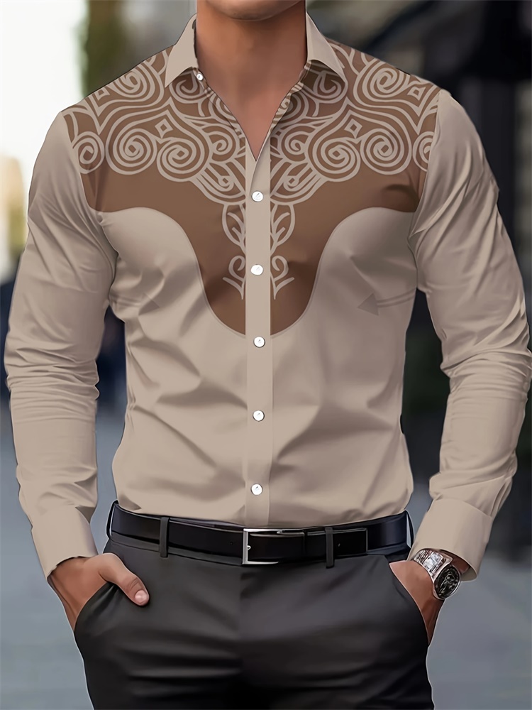 3D Vintage Print Men's Casual Fashion Long Sleeve Shirt Western Cowboy Style Men's Shirt Outdoor Street Men's Lapel Shirt