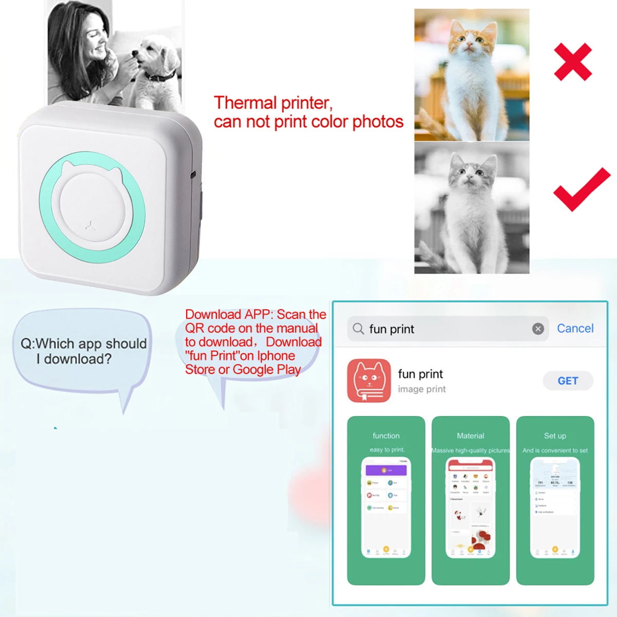 Portable Mini printer,thermal pocket Label  printer, for Android or IOS APP, inkless sticker printer, suitable for home, office