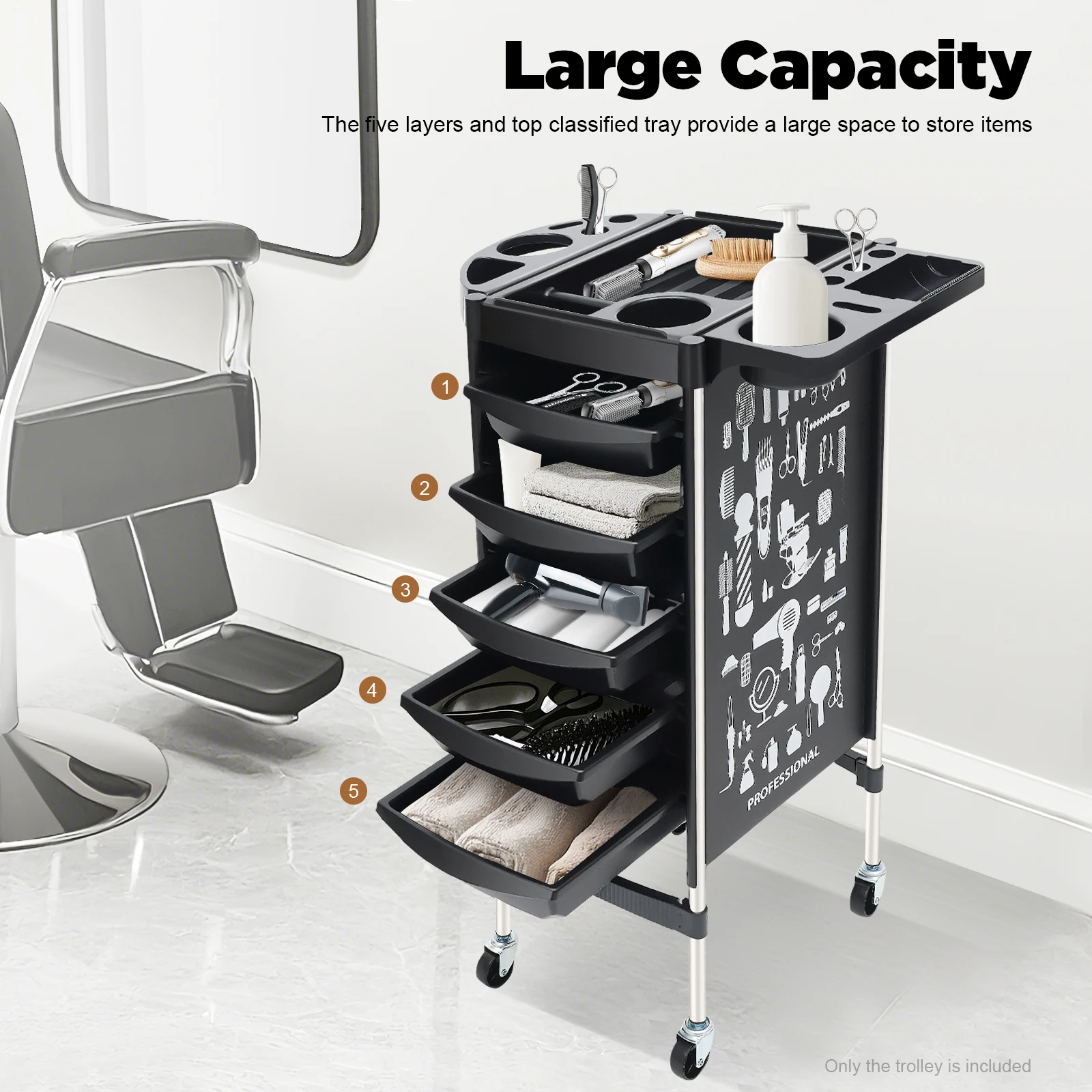 Carrello per parrucchiere e salone di bellezza con 5 cassetti Carrello di grande capacità Ruote con piattaforma multifunzionale Movimento flessibile