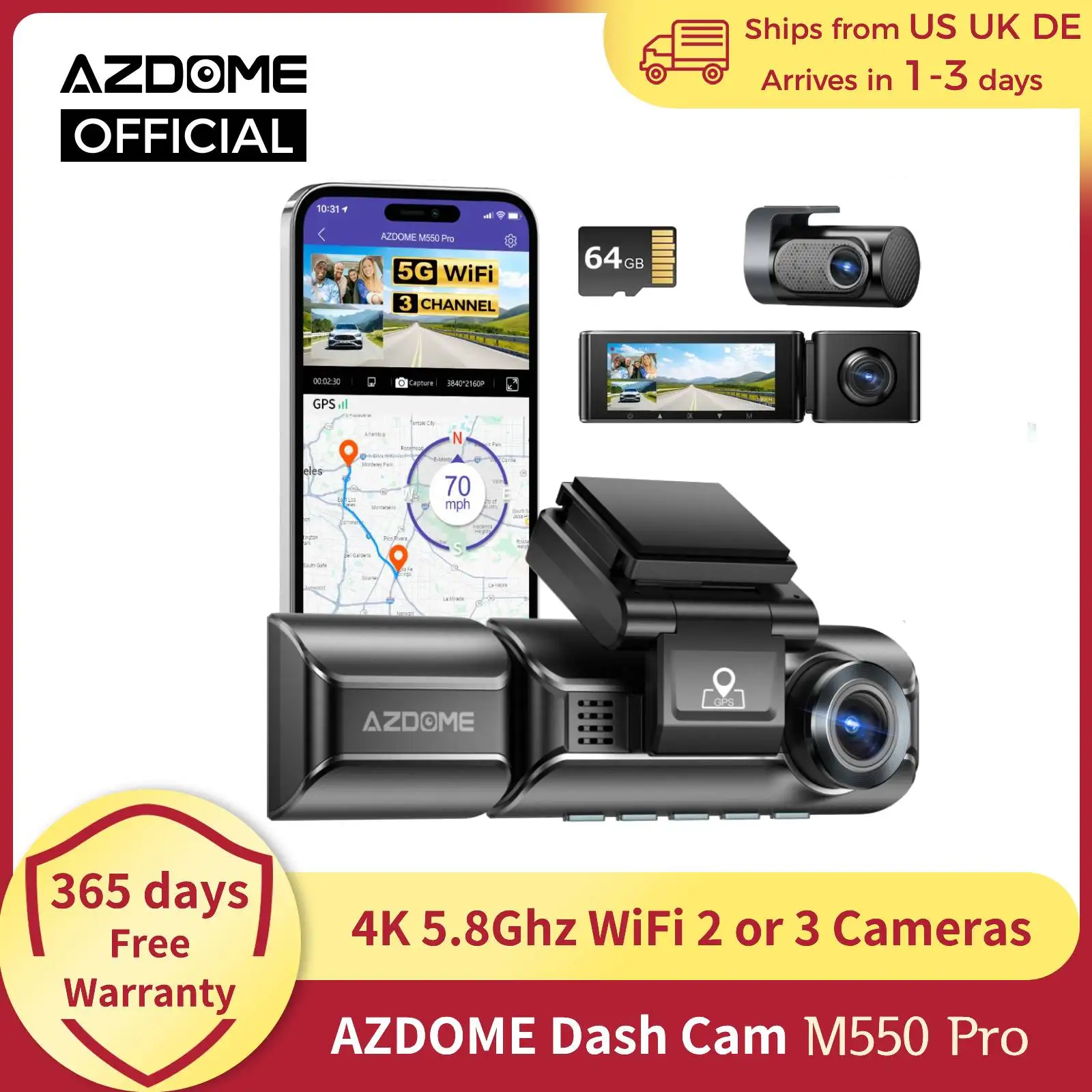 AZDOME M550 Pro Dash Cam 4K+1080P Built-in GPS 5G WiFi 3.19" IPS Screen Camera for Cars IR Night Vision 24H Parking Mode