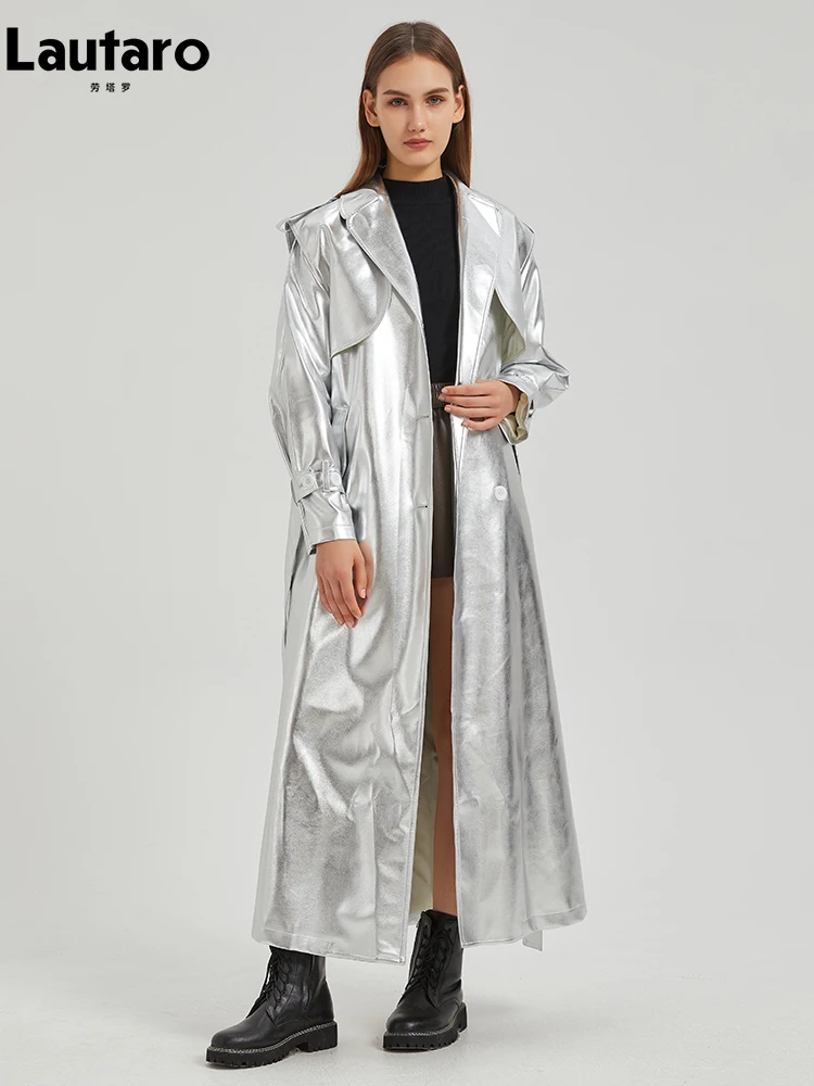 Lautaro-gabardina Extra larga de charol dorado brillante para mujer, abrigo de diseñador de lujo con una hilera de botones, otoño 2024