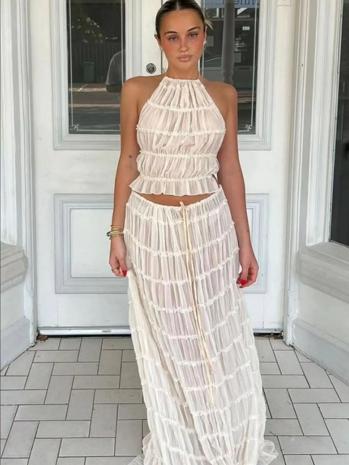 Moda halter pescoço saia longa terno feminino sem costas estilingue topo rendas até dobrar maxi saias 2024 novo verão feminino 2 peça conjunto roupas