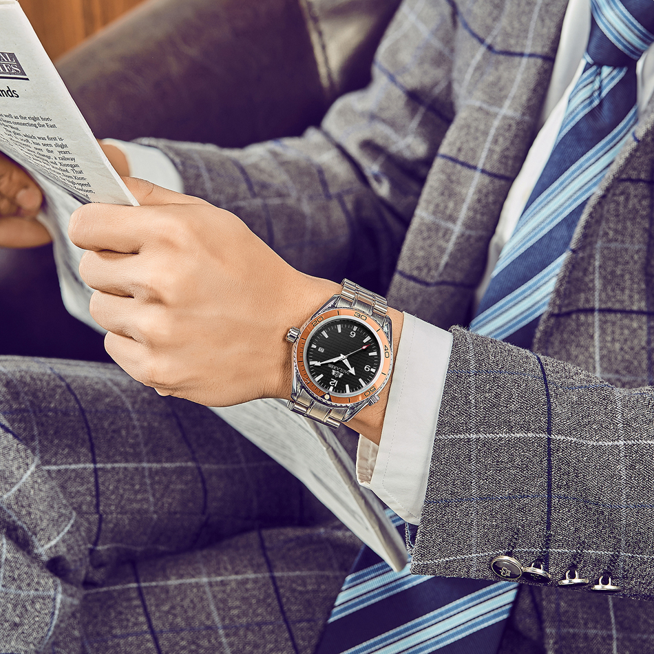 Reloj automático para hombre de negocios con fecha y bisel azul naranja simple con correa de acero inoxidable mecánico de viento automático
