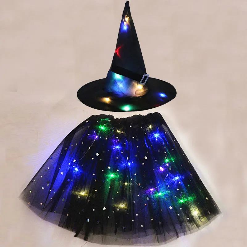 Mulheres crianças menina luminosa led brilho iluminar elf bruxa chapéu estrela saia aranha web tutu feiticeiro traje festa presente festival de halloween