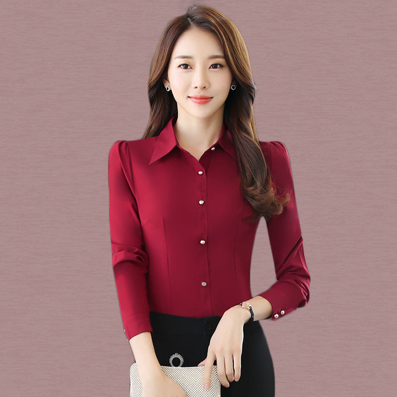Rote Damen-Hemd-Langarmbluse, Herbst-Damenhemden und Blusen, koreanische Mode, schlankes Business-Hemd, Damen-Arbeitshemd