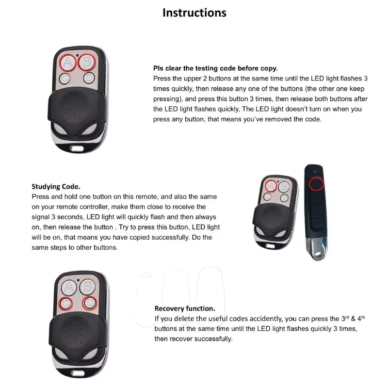 Clone código de aprendizagem Fixo, 4 canais, cópia de clonagem, controle remoto duplicado, 433 MHz, portão de carro, porta de garagem Tran
