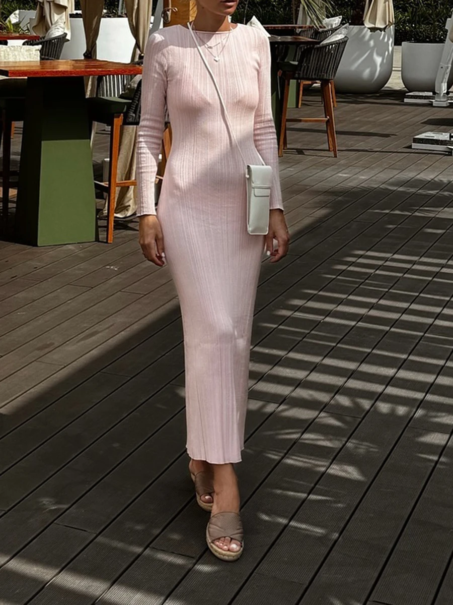 wsevypo Herbst Lässiges, gestricktes, geripptes, figurbetontes langes Kleid, einfacher Stil, einfarbig, langärmelig, O-Ausschnitt, gewickeltes Bleistiftkleid, Straßenparty