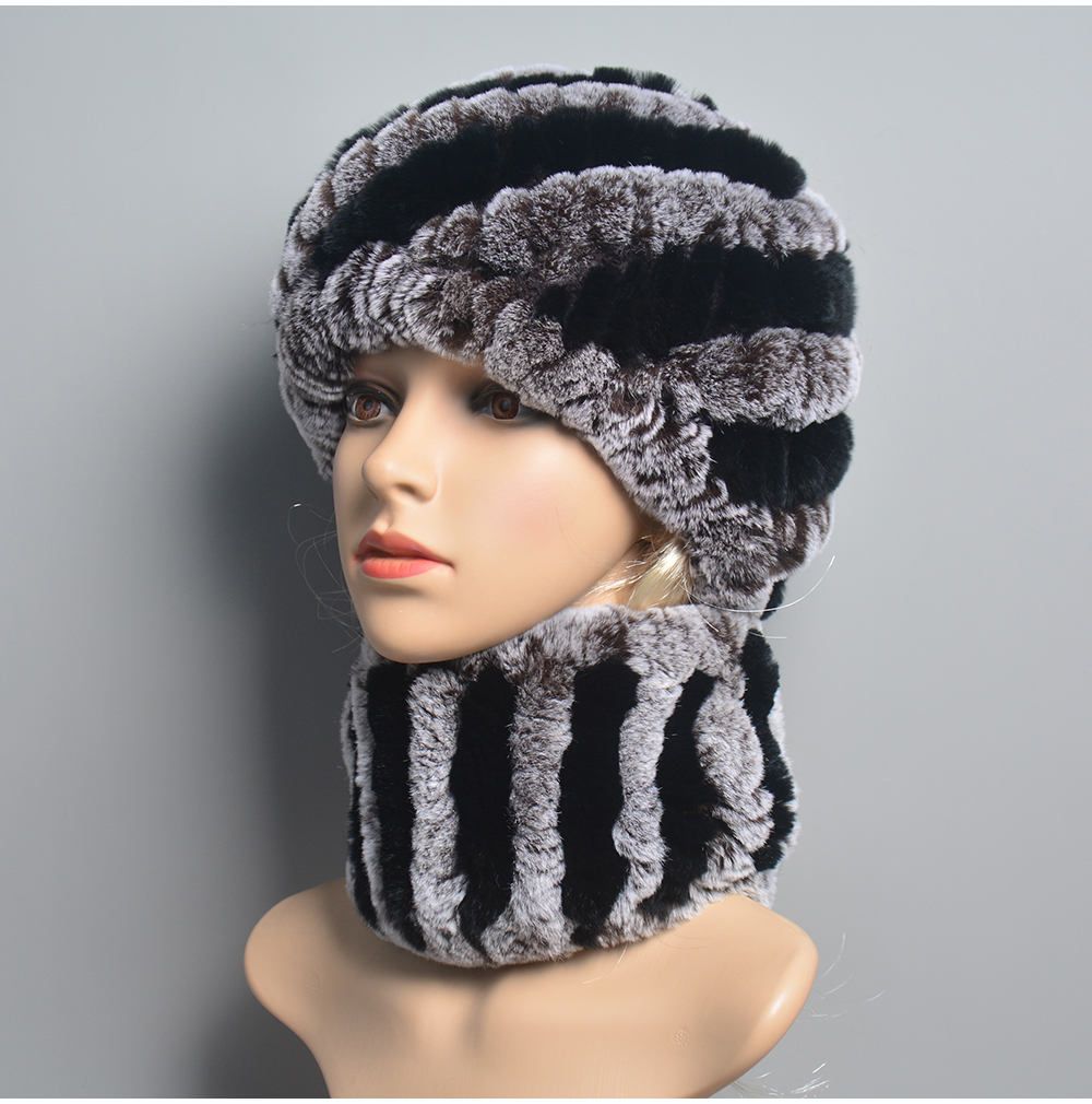 Conjunto de bufanda y sombrero de piel de conejo Rex Real para mujer, bufandas de piel de conejo Rex cálidas naturales, sombrero de Invierno para mujer