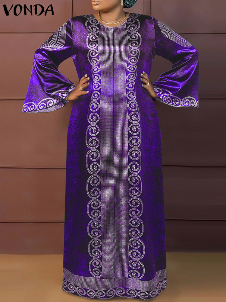 プラスサイズ VONDA 女性ヴィンテージマキシロングドレス 2024 ボヘミアンプリントサンドレスエレガントなフレア長袖ルーズローブカジュアル Vestido