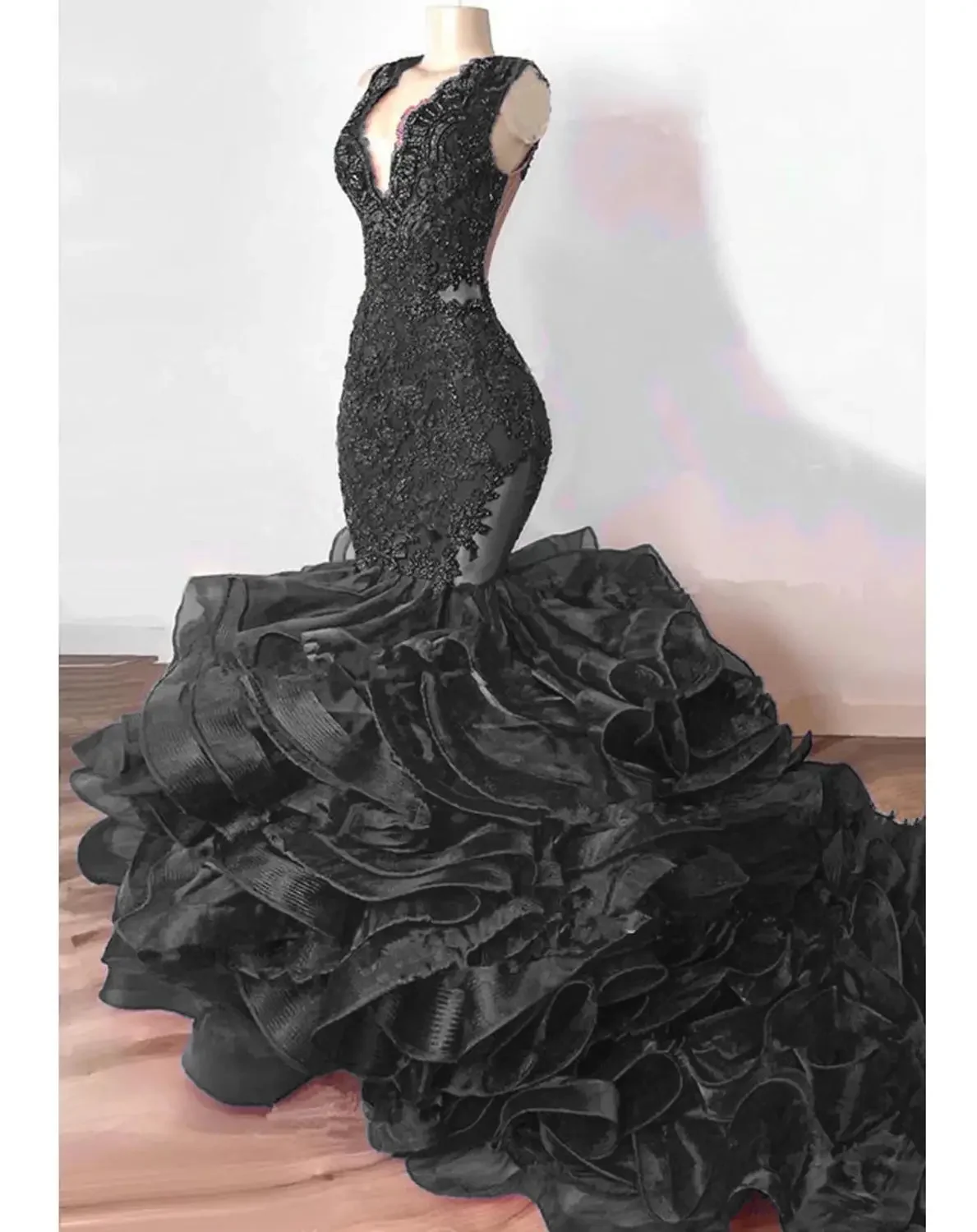 Luxe Koningsblauw Kant Kralen Zeemeermin Avondjurken Puffy Bottom Ruches Lange Prom Jassen Sexy Party Vestido Formatura