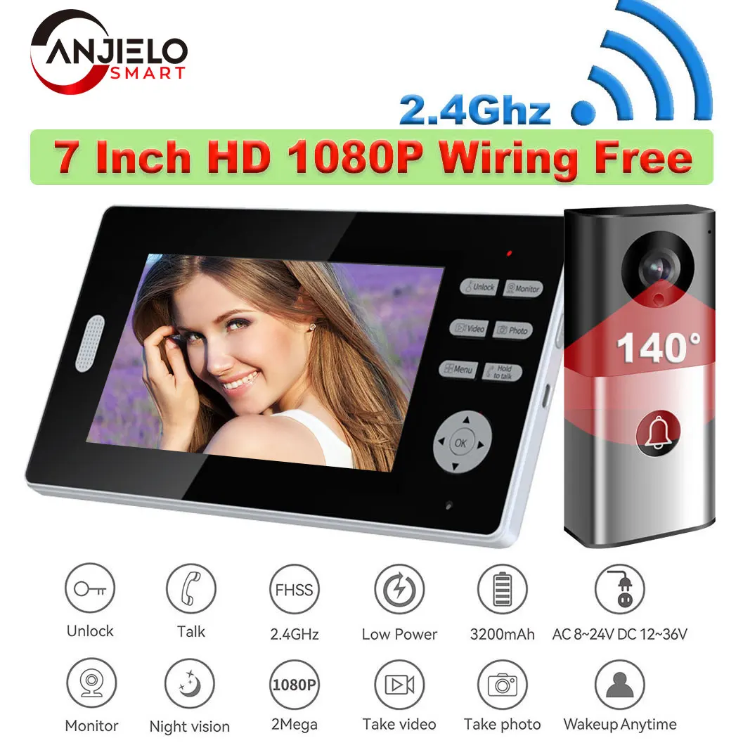 2.4Ghz Lange Afstand Dekking 7 Inch Hd 1080P Deurbel Draadloze Video Intercom 2mp Deur Telefoon Ontgrendel Monitor 140 ° Huisbeveiliging