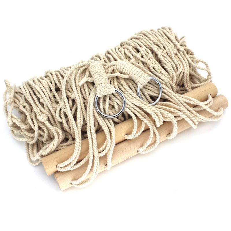Mesh Cotton Rope Hammock com varas de madeira, Camping ao ar livre pendurado cama, Dormir Swing, Casa cadeira pendurada interior