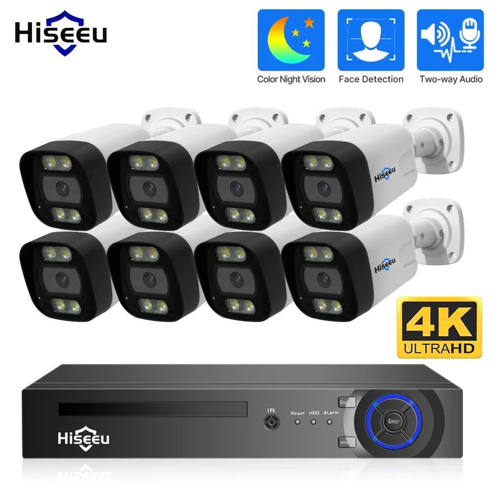 Hiseeu 4K 5MP POE AI камер 8MP 8CH CCTV H.265 Набор наружных камер домашней безопасности