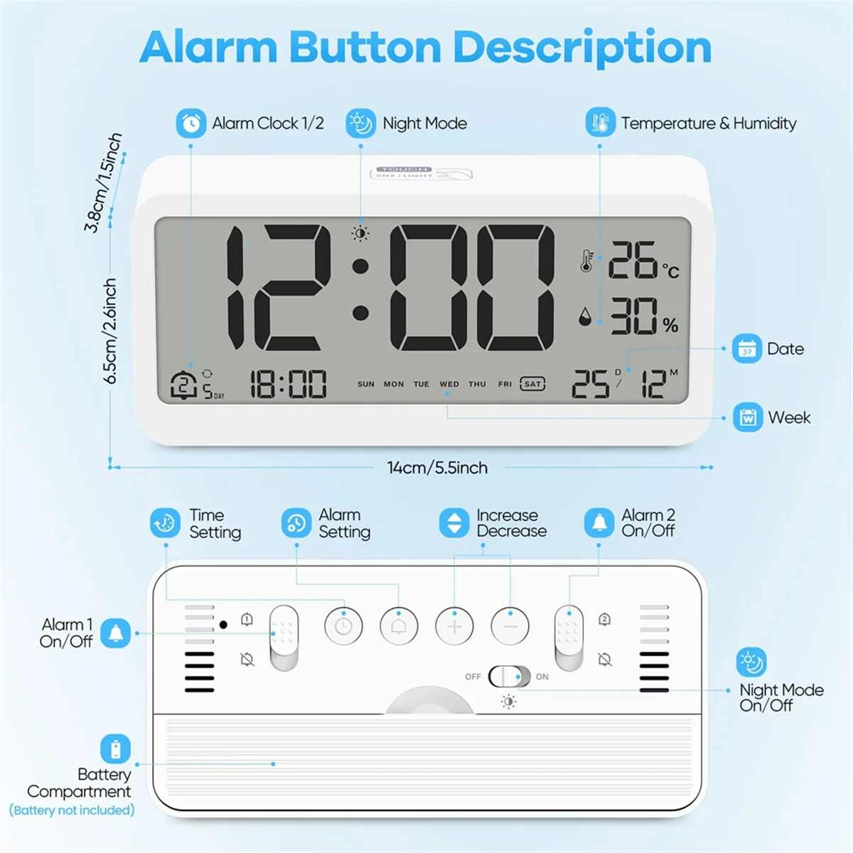 A72P Digital Alarm Clock with Large LCD Display,Loud Ringtone for Efficient Wake Up,Multifunction with Temperature