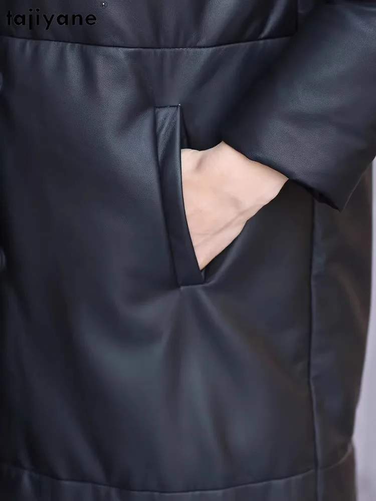 Tajiyane-女性用の本革カジュアルジャケット,白いダックダウンコート,長いシープスキンジャケット,暖かいパーカー,スタンドカラー,冬