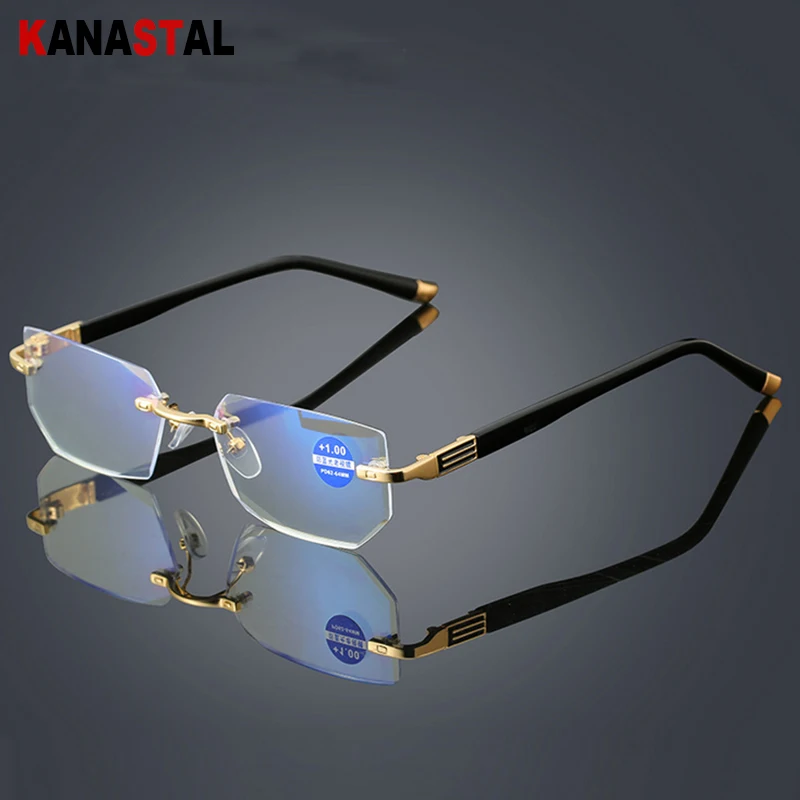 Gafas de lectura con bloqueo de luz azul para hombre y mujer, anteojos sin montura con corte de diamante, montura antifatiga, hipermetropía, presbicia