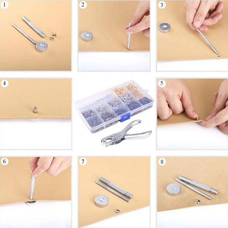 Double Cap Rivet Set com Alicate de Perfuração, Couro Studs, Couro Artesanato, Reparos Decoração, 3 Tamanhos, 4 Cores, 360 Conjuntos