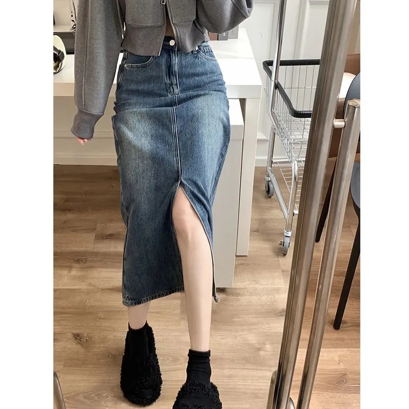 봄 가을 새로운 빈티지 사이드 슬릿 데님 스커트 여성의 몸집이 작은 하이 웨이스트 슬리밍 a 라인 중간 길이 Bodycon 스커트